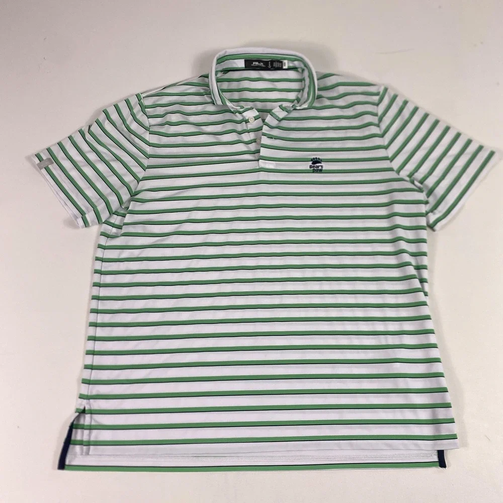 RLX Ralph Lauren Polo Shirt Mens Large White Green Stripe Performance Bear's Paw